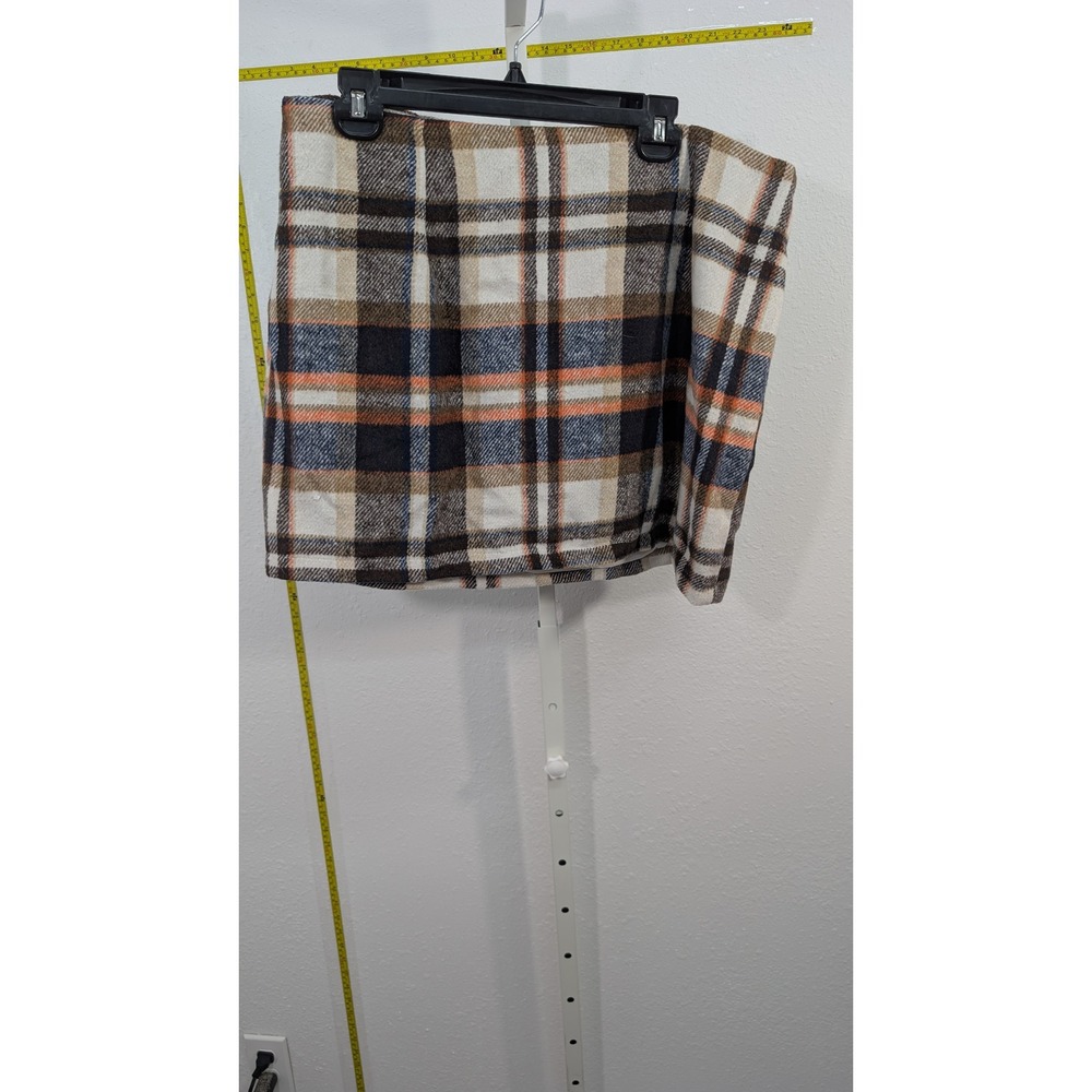 III Womens Plaid Mini Skirt XL Brown Orange Cream Check Lined High Waist Skirt